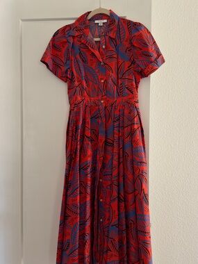 Tropical Red Leaf-Print Button-Front Dress